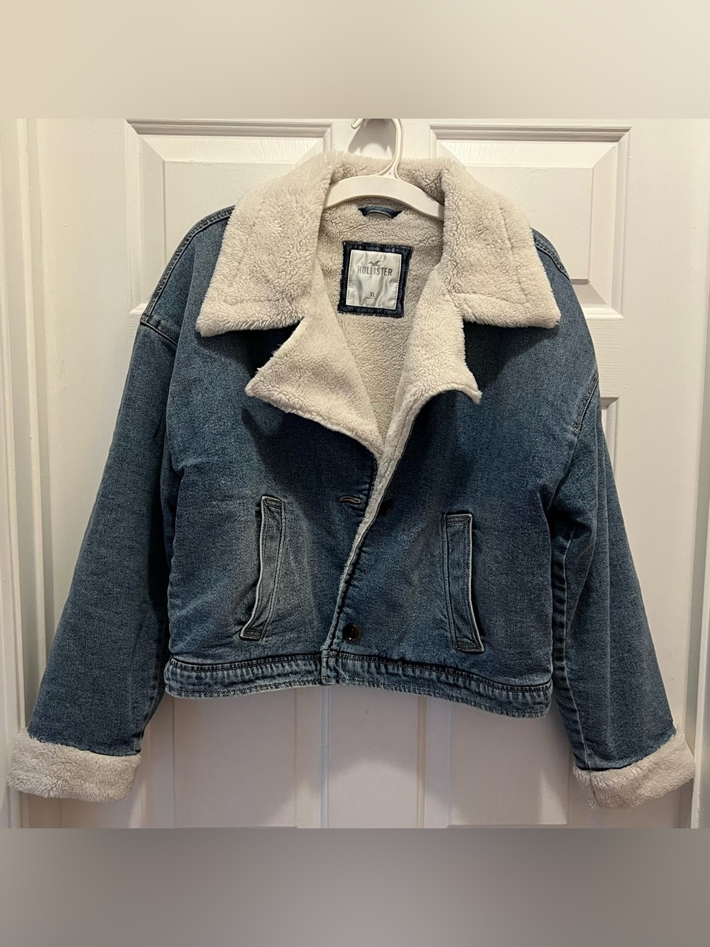 Hollister Blue Denim Y2K Jean Jacket with Cream Sherpa Lining | Size XL